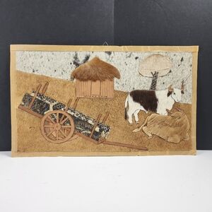 Folk Art, Nicaragua Art, Hut with Cows and wagon , 17x10
